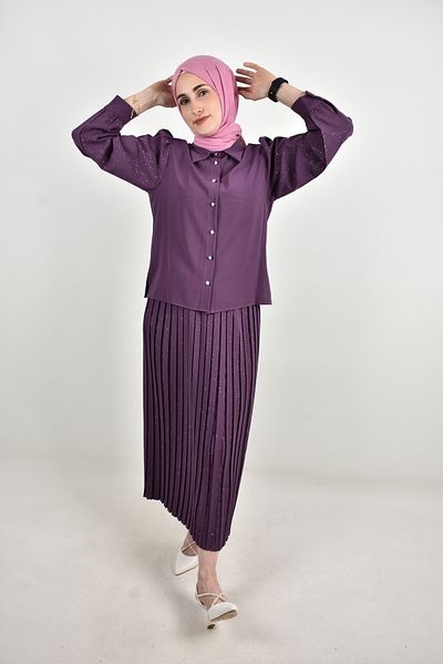 moda caddesi Glitter Detailed Skirt Shirt Set