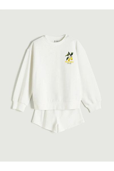 LC Waikiki سويت شيرت وشورت للفتيات من LCW Kids Ecru برقبة دائرية