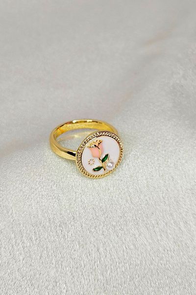 WONDER TOUCH Steel Salmon Color Tulip Minimal Round White Art Ring, Adjustable with Frame, Non Tarnish Ring