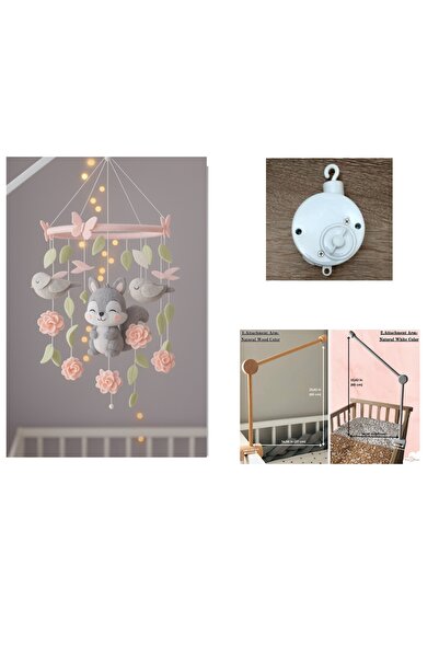 FN Sincap ve Kuş Figürlü Keçe Bebek Dönencesi – Çiçekli Pastel Renk Beşik Süsü, Kız Bebek Odası Dekoru