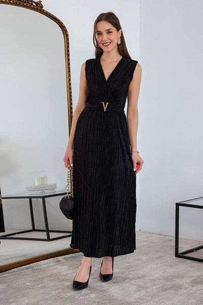 Varyete Double Breasted Collar V Crinkle Fabric Midi Dress with Metal Accessories