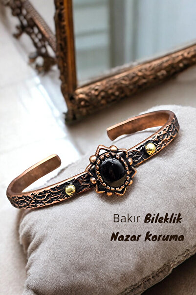NBS Beautiful Naturel Stones Bakır Bileklik ( Saf ) Ayarlanabilir Akik Taşı Antik Benzersiz Tasarım ( Nazar )