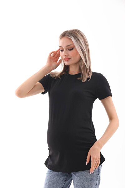 BIG LESSON Μαύρο μπλουζάκι εγκυμοσύνης με κοντό μανίκι από 100% βαμβάκι