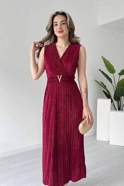 Varyete Double Breasted Collar V Crinkle Fabric Midi Dress with Metal Accessories