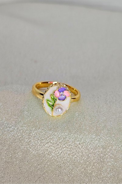 WONDER TOUCH Steel Oval Colored Flower Art Ring,Adjustable,Anti Tarnish Ring,White Ring with Bead Pearl,Beach