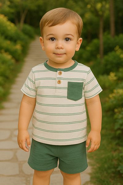 Balbadem baby kids Striped Pocket T-Shirt + Shorts Khaki Color 2-Piece Muslin Set 2-5 Years Old