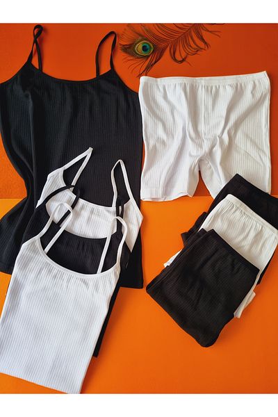 Demirsa Boutique Cotton Ribbed Black and White Women's Rope Strap 4-Piece Tank Top and Panty-Shorts Set