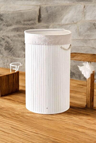 Sezka Life Bambu Katlanır Yuvarlak Kirli Çamaşır Sepeti Beyaz Hasır Çamaşır Sepeti 35x60