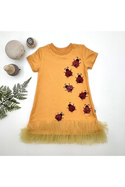 Draco 1-2-3 Years Old Ladybug Embroidered Ruffle End Girl's Gilet Dress Orange