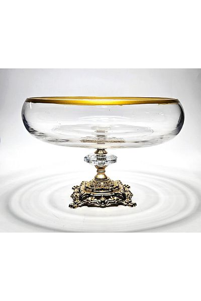 Kristal Market Handmade Crystal Gold Detail Transparent Decorative Footed Presentation Bowl