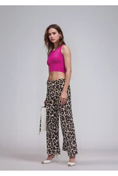 SSO Leopar Desenli Beli Lastikli Bol Paça Dekoratif Bağcık Detaylı Bürümcük Kumaş Pantolon