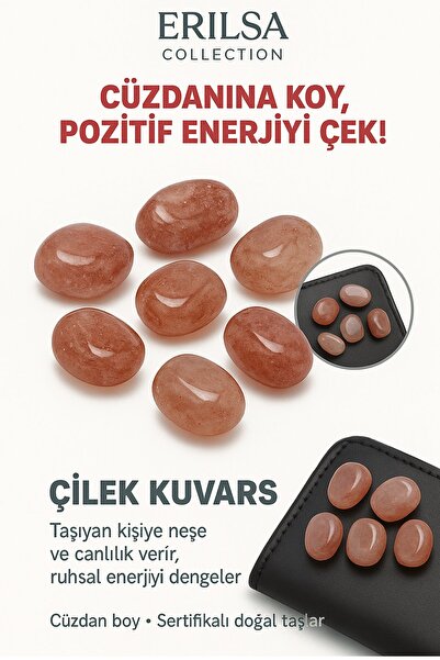 Erilsa Sertifikalı Cüzdan Boy Çilek Kuvars Taşı Kütle -
