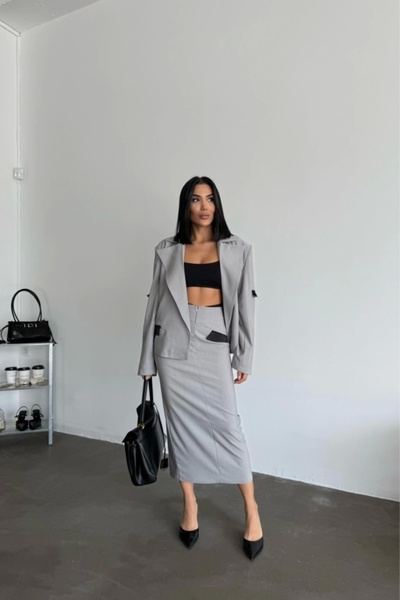 trend_ermege Crop Jacket - Skirt Suit - Gray