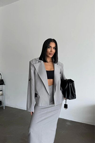 trend_ermege Crop Jacket - Skirt Suit - Gray