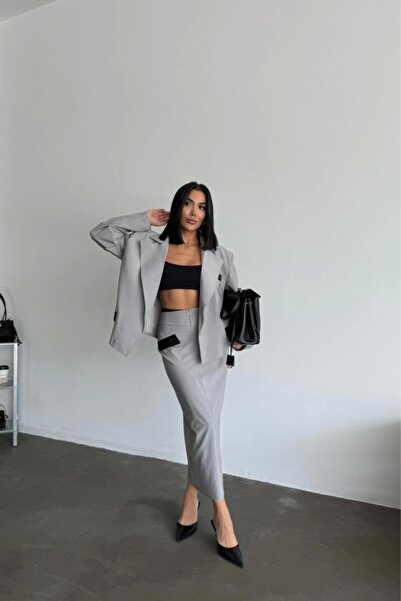 trend_ermege Crop Jacket - Skirt Suit - Gray