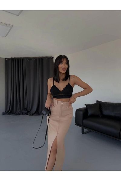 Silerra Gabardine Long Slit Skirt - Brown