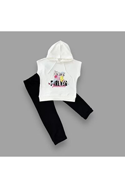 Draco 3-4-5 Years Old Forever Cici Girls Printed Hooded 2-Piece Girl's Set Black