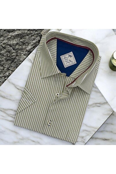 EREN STYLE Linen Lan Klasična zelena muška košulja kratkih rukava (standardni...