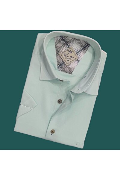 EREN STYLE Linen Lan Klasična mint muška košulja kratkih rukava (standardni k...
