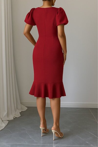 Masspera Round Neck Balloon Short Sleeve Skirt Flounced Midi Length Evening Dress