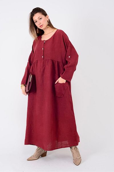 EREN STYLE Italian 4 Button Long Sleeve Linen Dress