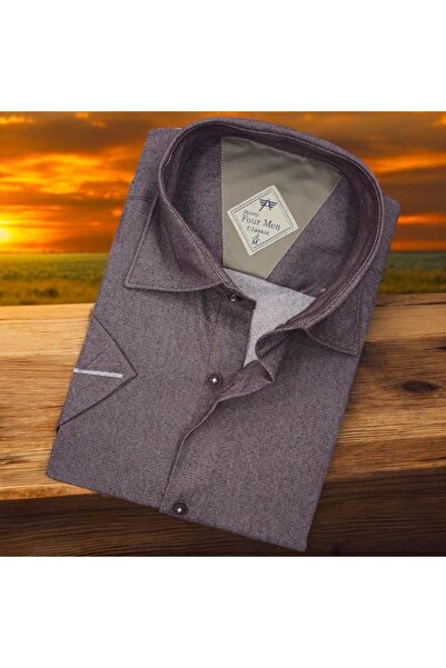 EREN STYLE Linen Linen Classic braon muška košulja kratkih rukava (Regular Fit)