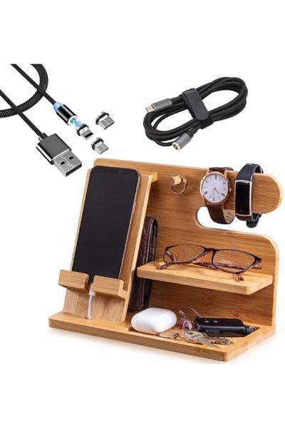 Generic Bamboo Multiple Device Docking Station with Free Charging Cable