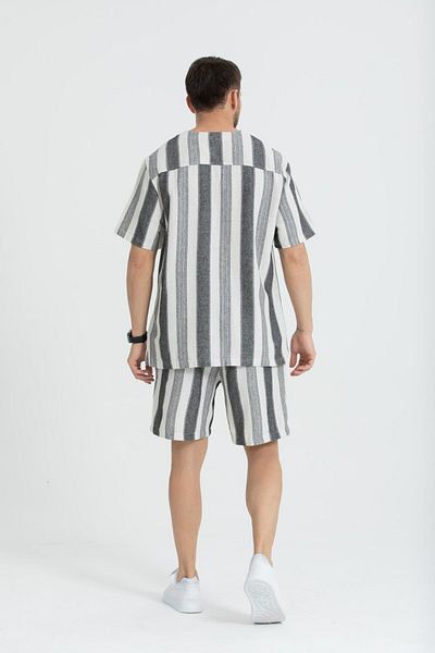 Store 100% Cotton Men's Shorts and T-Shirt Set - Summer V-Neck, Stripe Pattern, Sports Comfort