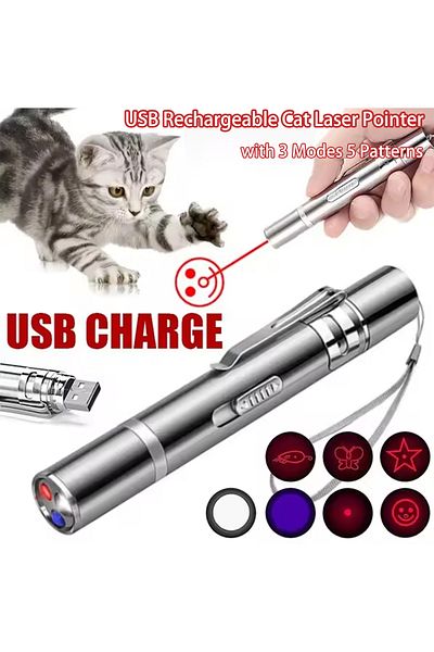 Choice Silver Usb Rechargeable Cat Laser Pointer With 3 Modes 5 Patterns Lazer Projection Pen Red Dot Led L