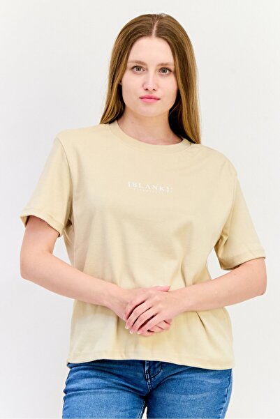BLANK ESSENTIALS Women Round Neck Short Sleeves Brand Logo T-Shirt, Beige