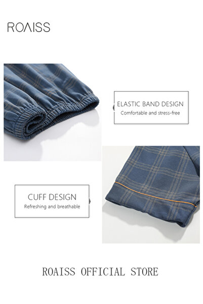 ROAISS 2-piece Pajama Set Men's Pure Cotton Short-sleeved T-shirt Long Pants Sets Fashion Grid Pattern Slee