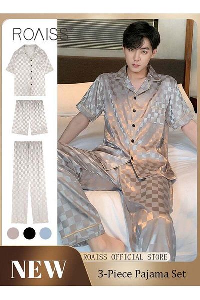 ROAISS 3-piece Set Men's Short Sleeves Pajamas Pants Trousers Sleepwear Sets Satin Grid Printing Silk Night
