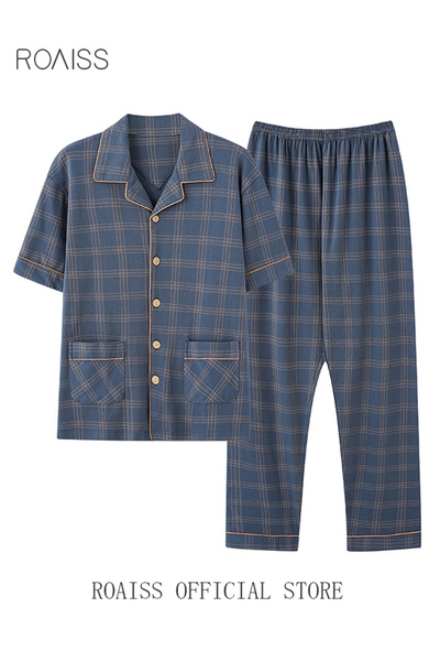 ROAISS 2-piece Pajama Set Men's Pure Cotton Short-sleeved T-shirt Long Pants Sets Fashion Grid Pattern Slee