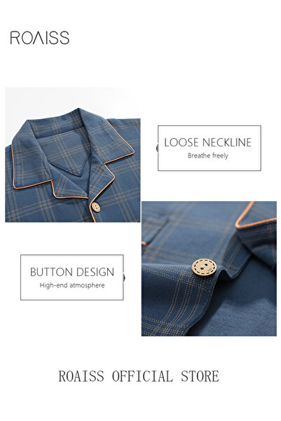 ROAISS 2-piece Pajama Set Men's Pure Cotton Short-sleeved T-shirt Long Pants Sets Fashion Grid Pattern Slee