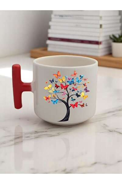 lili hediyelik Butterfly Tree Printed 3-Piece Red Mug with Handle