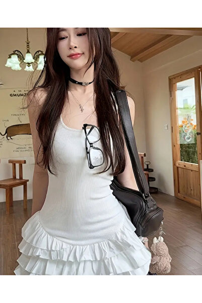 La Saade Y2k İthal Beyaz Fırfırlı Günlük Elbise