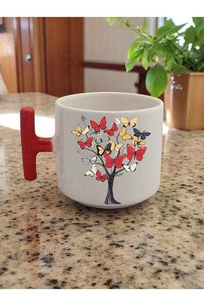 lili hediyelik Butterfly Tree Printed 3-Piece Red Mug with Handle
