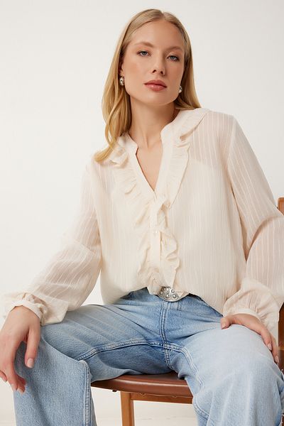 Lovelyİstanbul Lightweight Transparent Shirt with Flounce Tank Top Cream Lrg0023