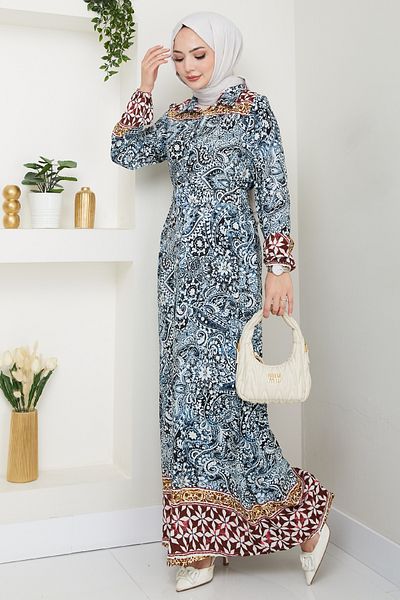 InStyle Πολύχρωμο φόρεμα με αυθεντικό σχέδιο Navy Blue Viscose