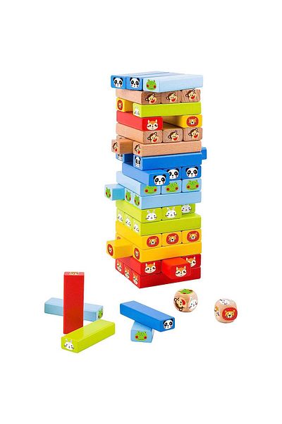 OEM Jenga Montessori wooden unstable tower game with animals, 51 pieces