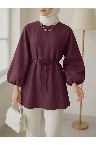 Modamorfo Round Neck Waist Lace up Balloon Sleeve Tunic - Burgundy