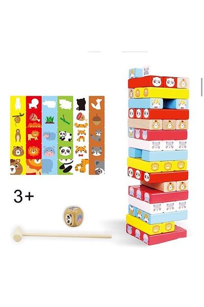 OEM Jenga Montessori wooden unstable tower game with animals, 51 pieces