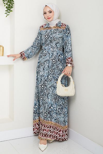 InStyle Πολύχρωμο φόρεμα με αυθεντικό σχέδιο Navy Blue Viscose