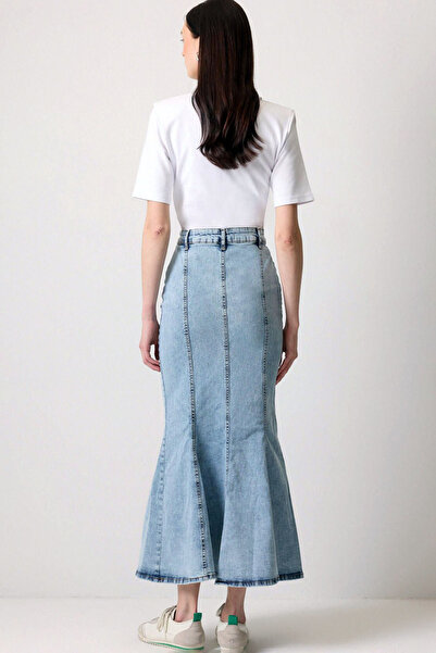 Genel Markalar Fermuarlı Düğmeli Etek Ucu Volanlı Bele Vücuda Oturan Balık Kesim Likralı Esnek Uzun Denim Kot Etek