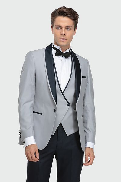 D'S Damat Slim Fit Gray Jacquard Print Groomsuit & Tuxedo Suit with Vest