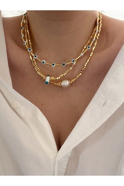 CHARMLUCKY 3-Piece Pearl-Evil Eye Necklace Combination