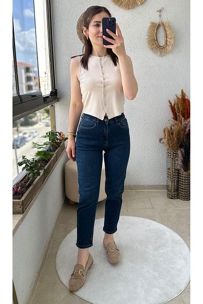 TUNAM BUTİK Distressed Blue Mom Jeans