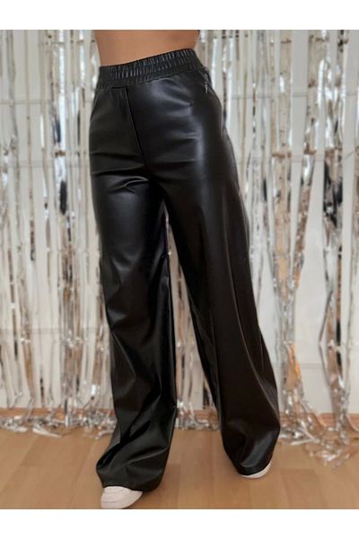 Silerra Pantaloni largi din piele cu talie înaltă, personalizați de Anul Nou, cu talie elastică