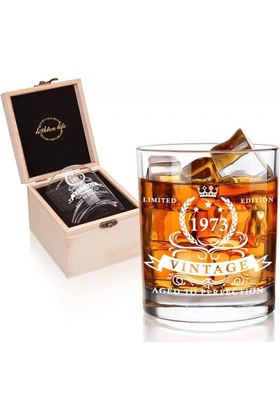Lighten Life cutie cadou din pahar de whisky, an 1973, lemn/sticlă, transparent/alb, 8,6 x 8,6 x 9,9 cm