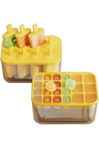 YiChenPlus Set of 2 YiChenPlus ice cube and popsicle containers, plastic, yellow/transparent